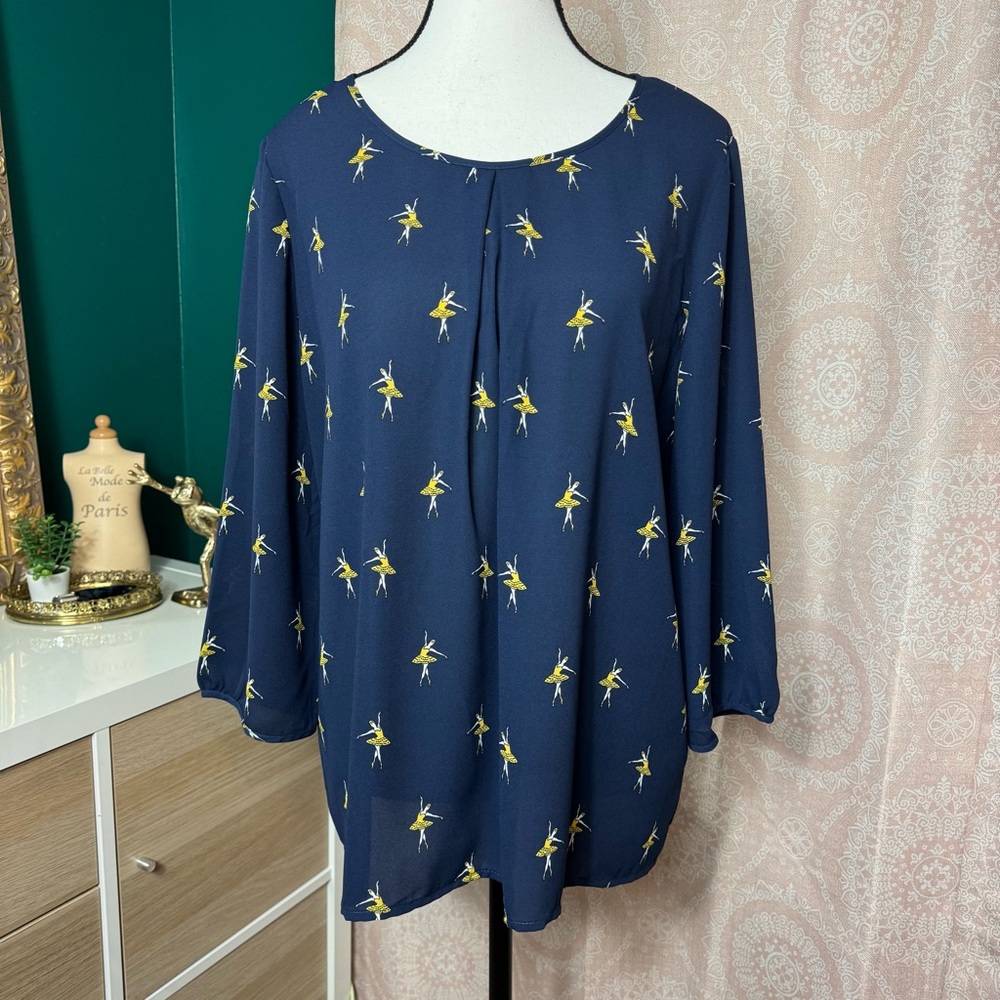 DE Collection Navy w/ Yellow Ballerina Dancer Print Blouse 3/4 Sleeve Twee